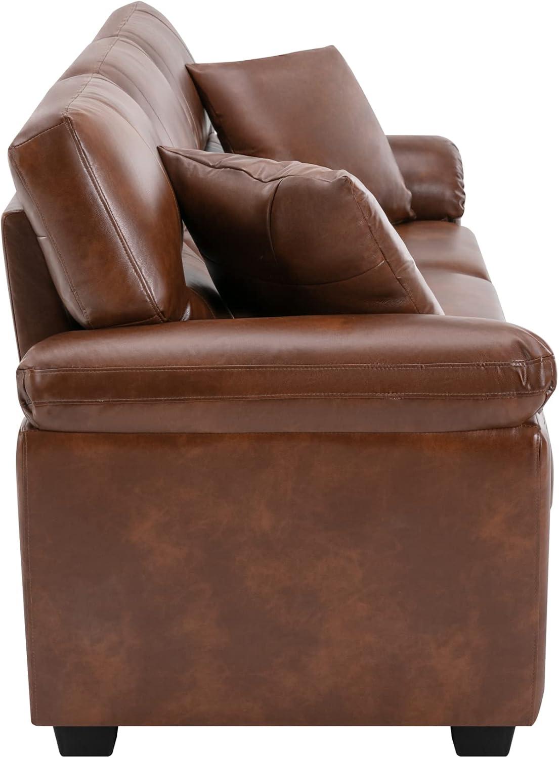 Brown Leather 3-Seat Flared Arm Sofa with Wood Frame