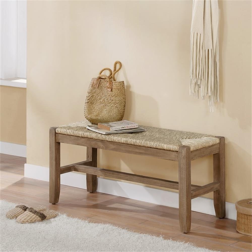 Newport 40" Light Brown Wood Bench with Rush Seat