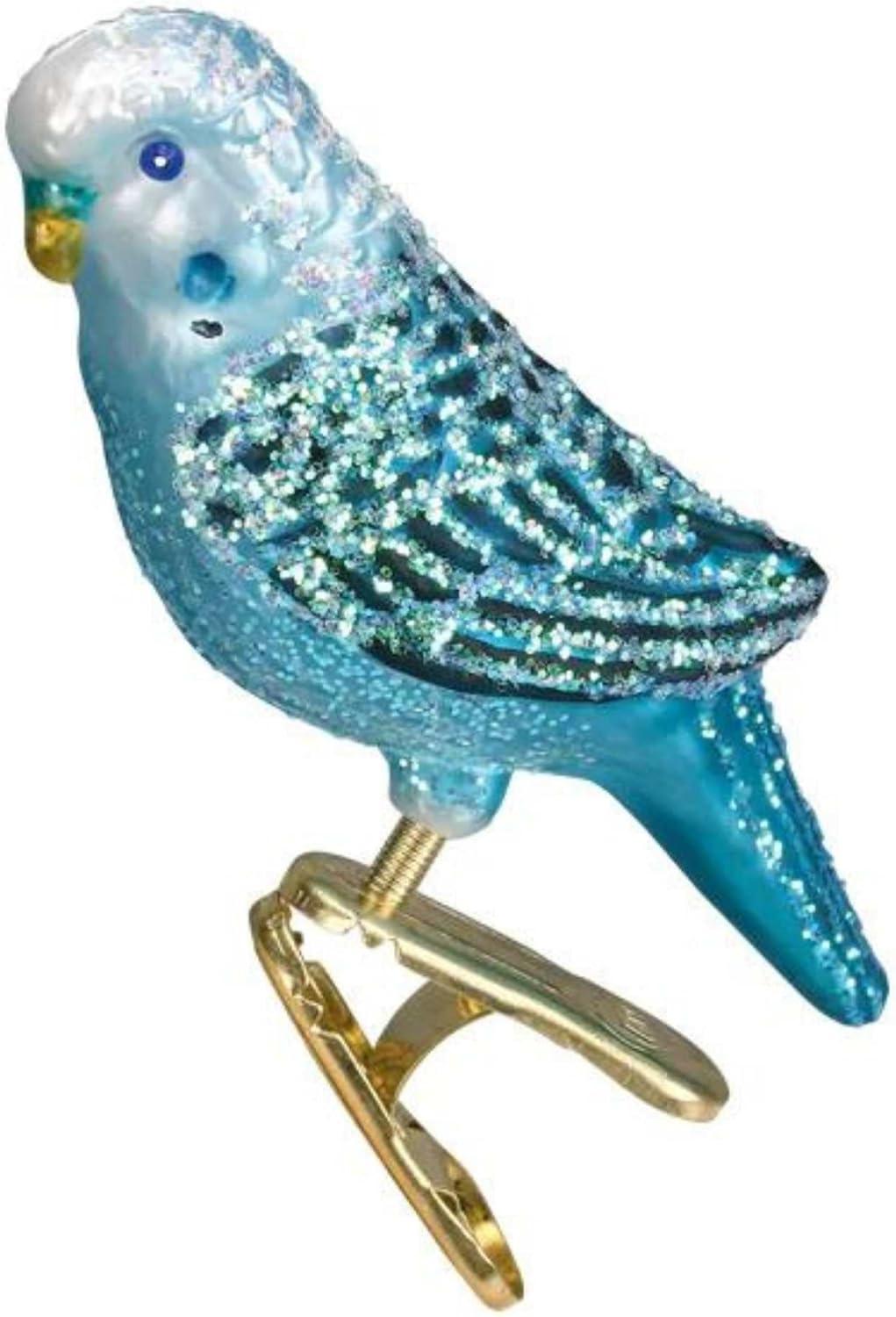 Miniature Blue Parakeet Glass Clip-On Christmas Ornament