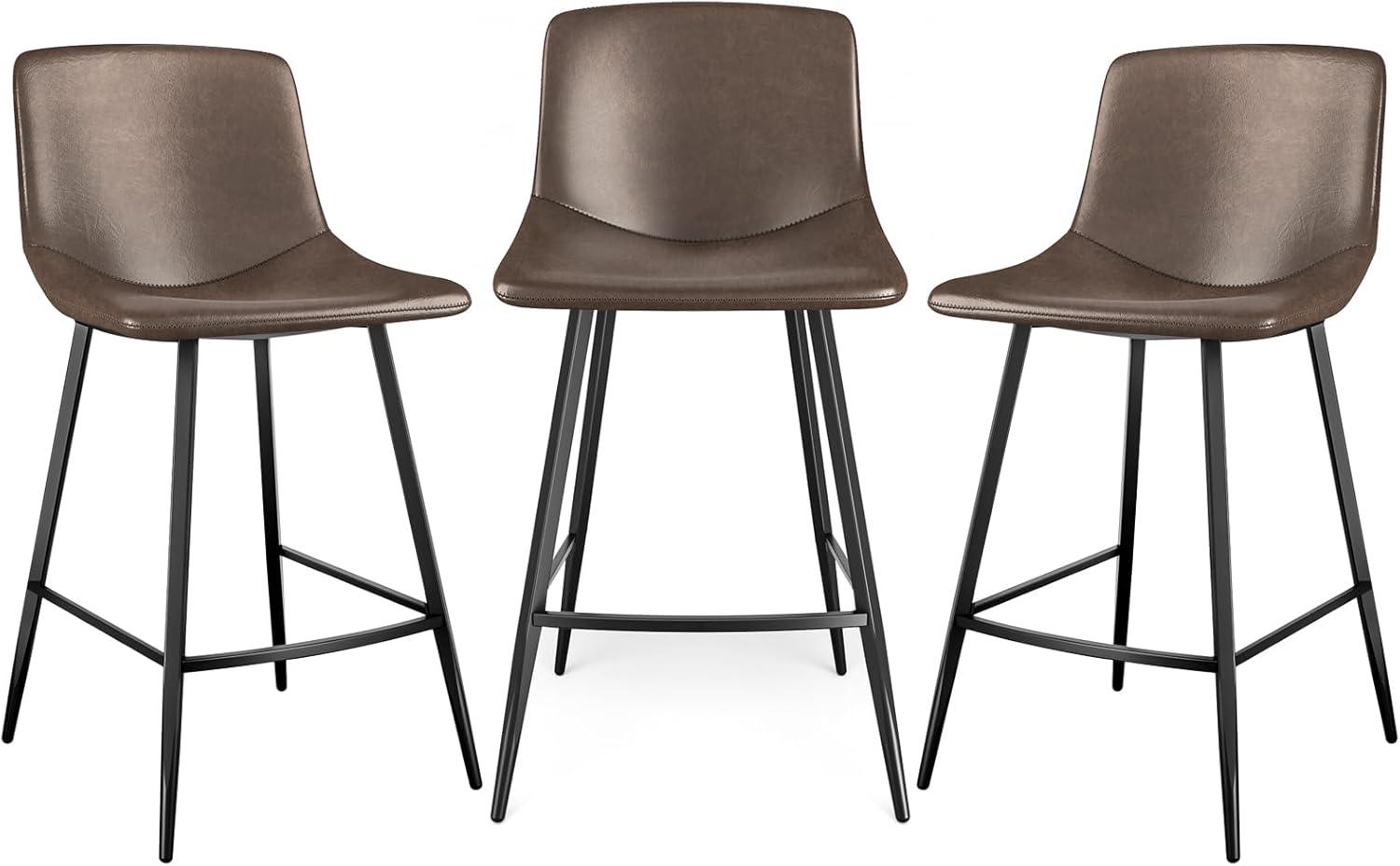 Brown Leather Saddle Style Counter Stools with Steel Legs, Set of 3
