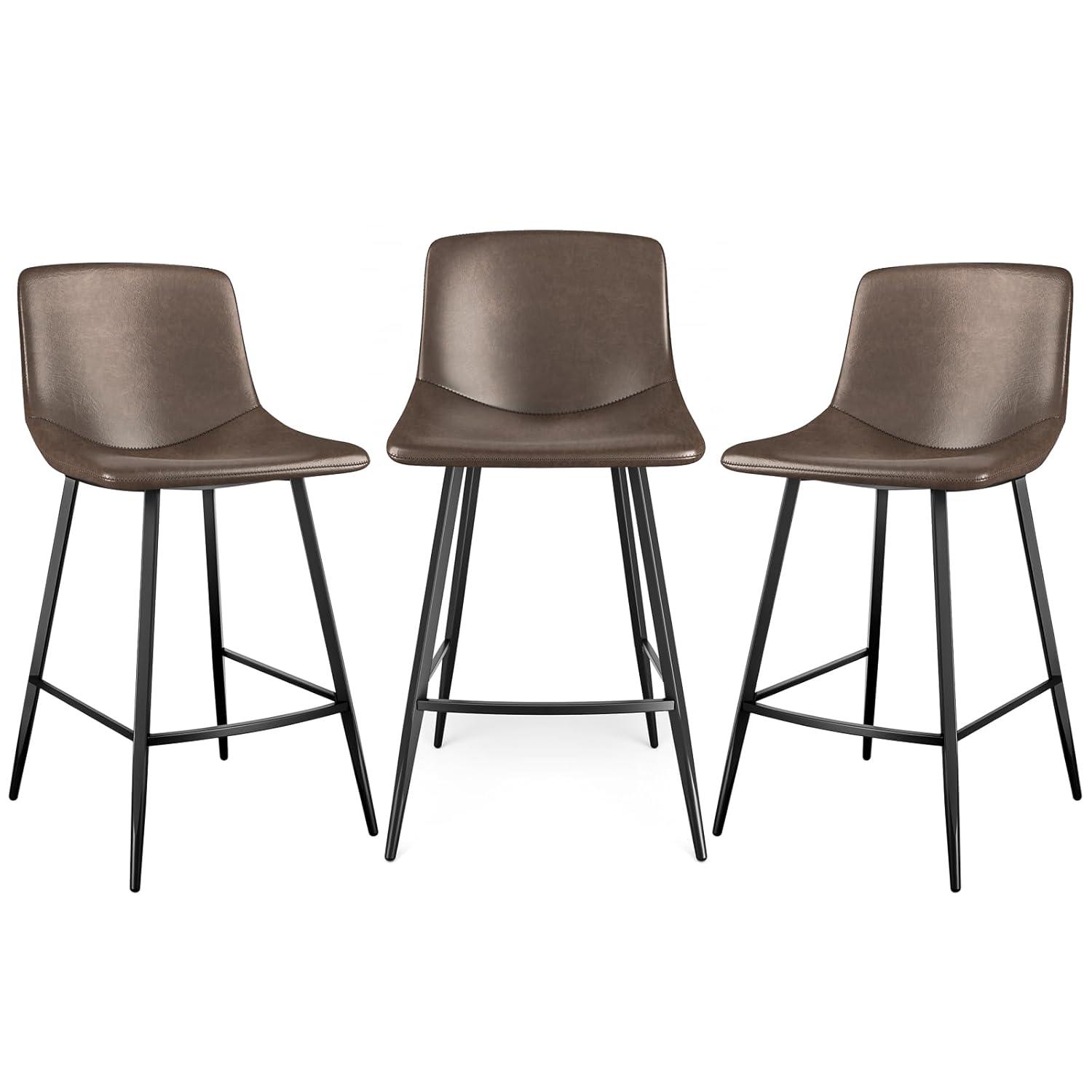 5Rcom 600 lbs Counter Height Bar Stools Set of 3, 24 Inch Faux Leather Barstools with Back, Bar Chairs with Metal Legs for Kitchen Island, Dining Room, Party Room & Restaurant, (Brown)