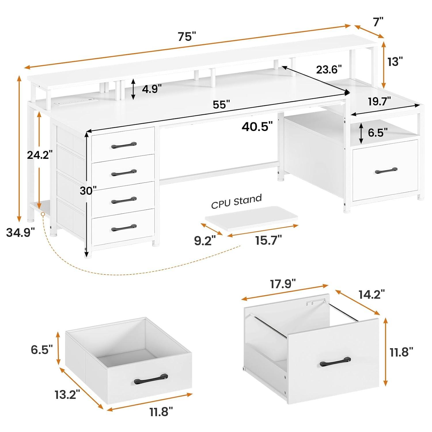 75 Inch Computer Desk with 5-Drawer Power Outlet & Led Lights, Home Office Desk with File Drawer, Storage Shelves, Printer Cabinet and Monitor Stand, Large Desktop Gaming Desk, White
