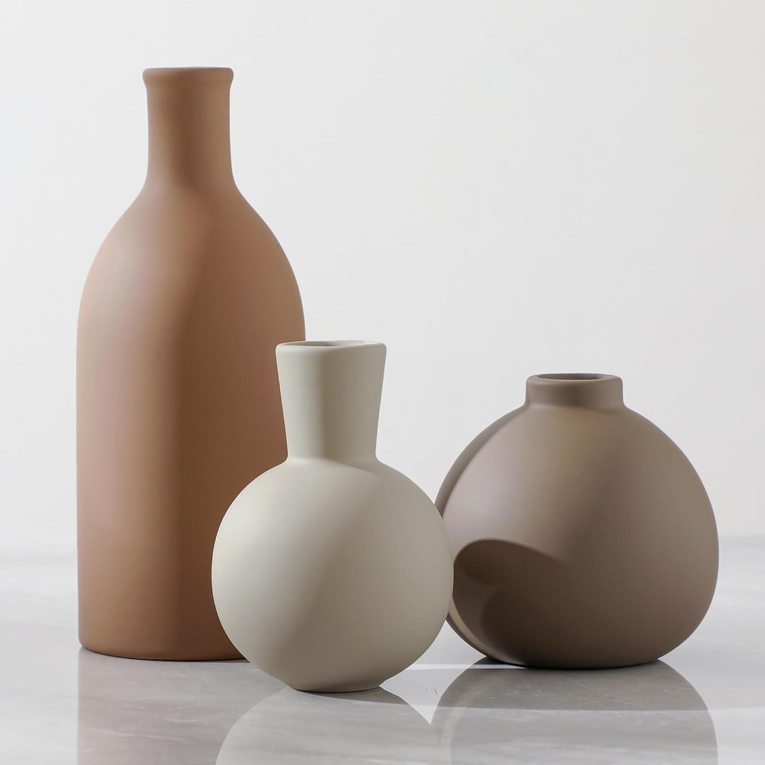 Set of 3 Brown and Beige Ceramic Vases