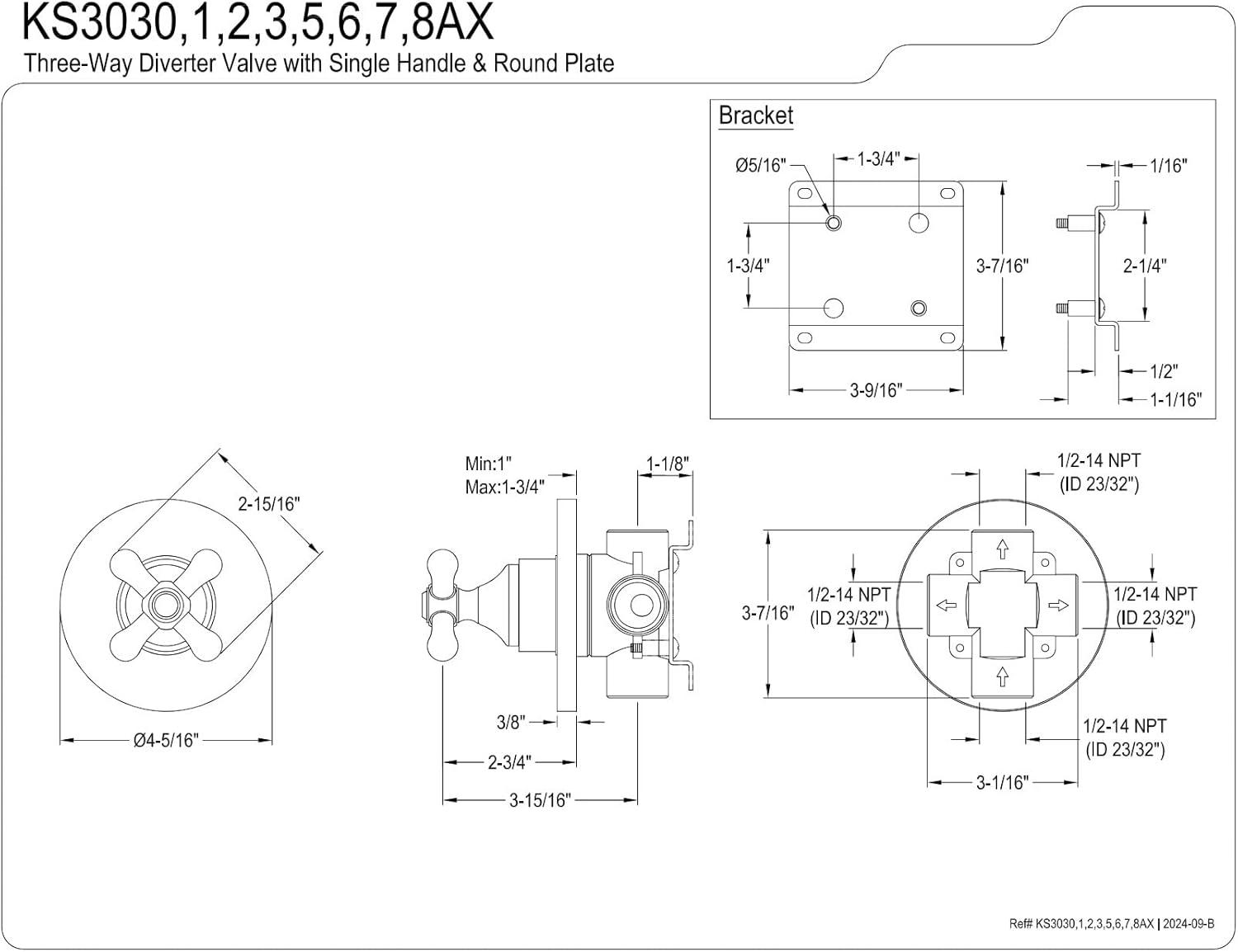 Polished Chrome Wall-Mounted Cross Handle Diverter Valve