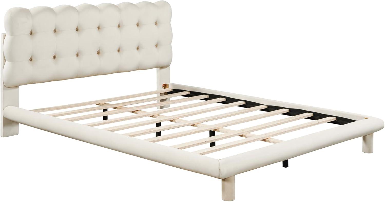 Queen Size Beige Velvet Platform Bed with LED Light and Tufted Upholstered Headboard