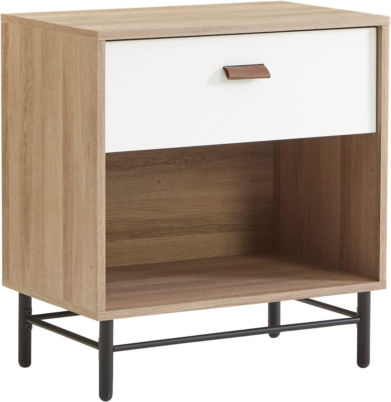 Sky Oak and White Single-Drawer Nightstand with Metal Base