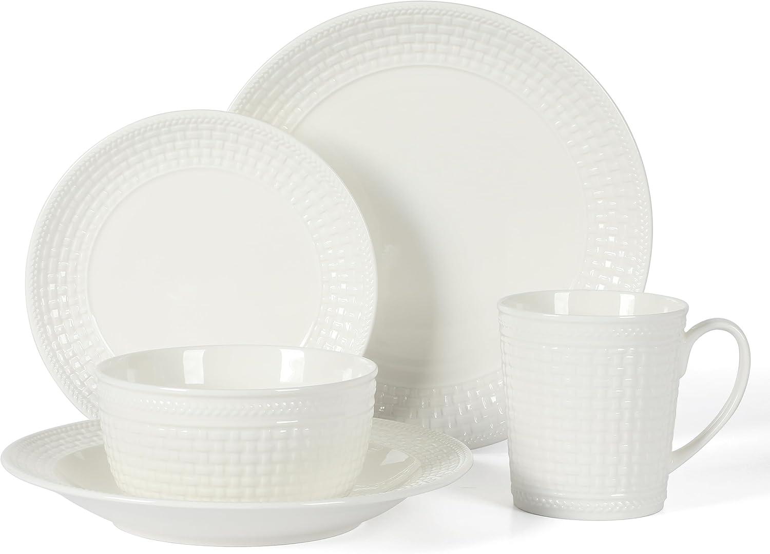 Martha Stewart 30 Piece Basket Weave New Bone China Embossed Porcelain Dinnerware Set