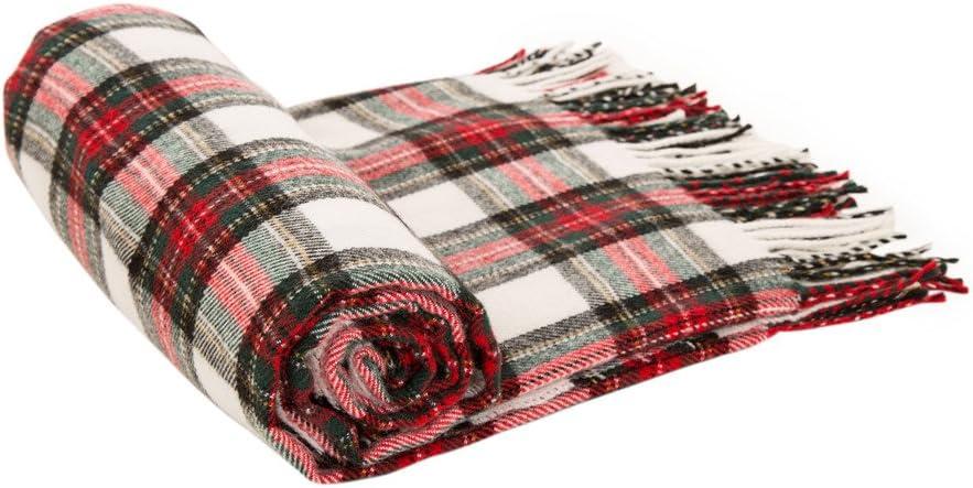 Red and White Plaid Acrylic Fringe Throw Blanket