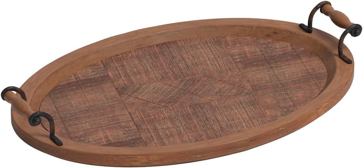 DecMode 29" x 19" Brown Wood Large Oval Tray with Scroll Metal Handles, 1-Piece