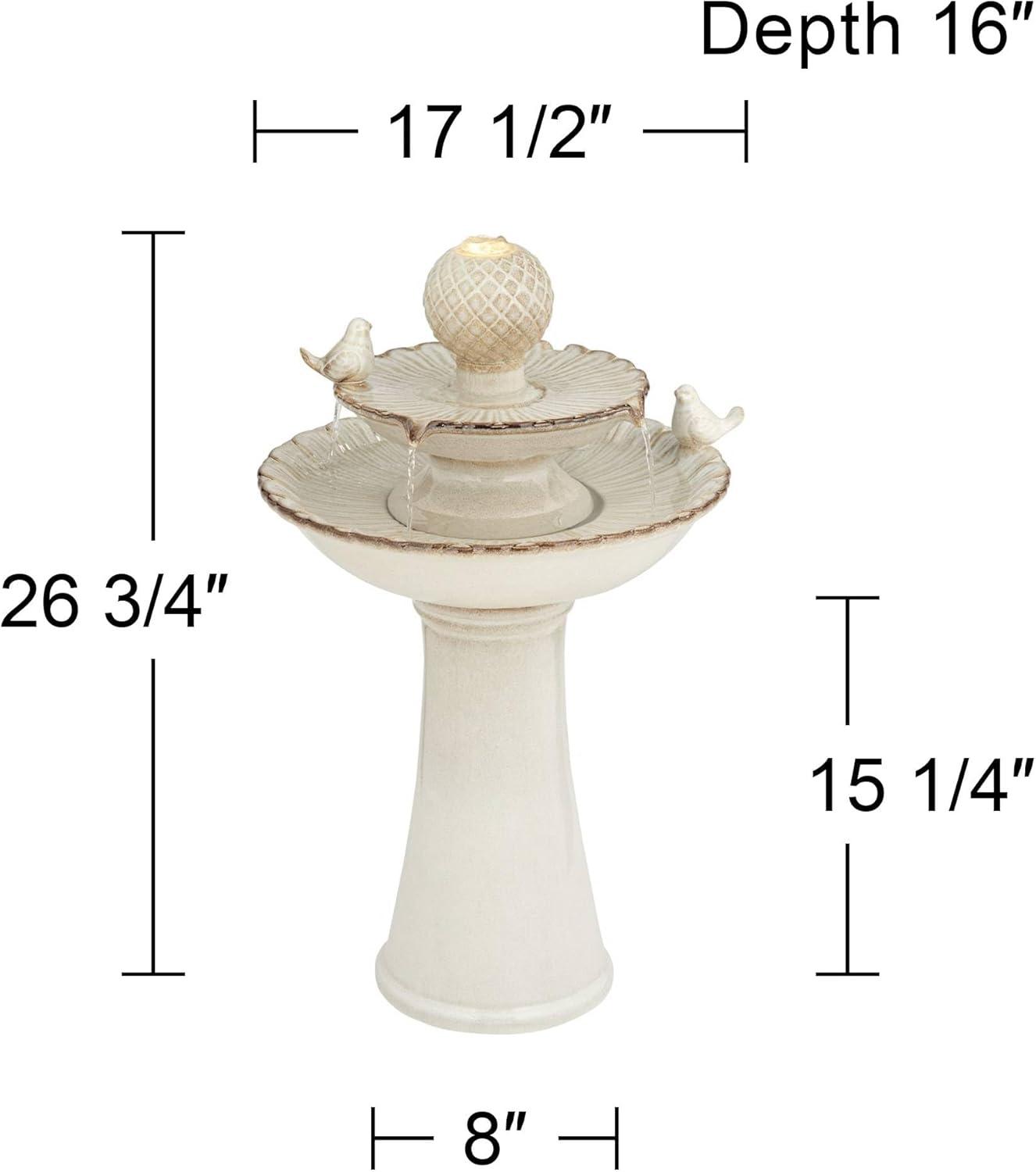 Cream Ceramic 2-Tier LED Outdoor Floor Fountain with Bird Statuette