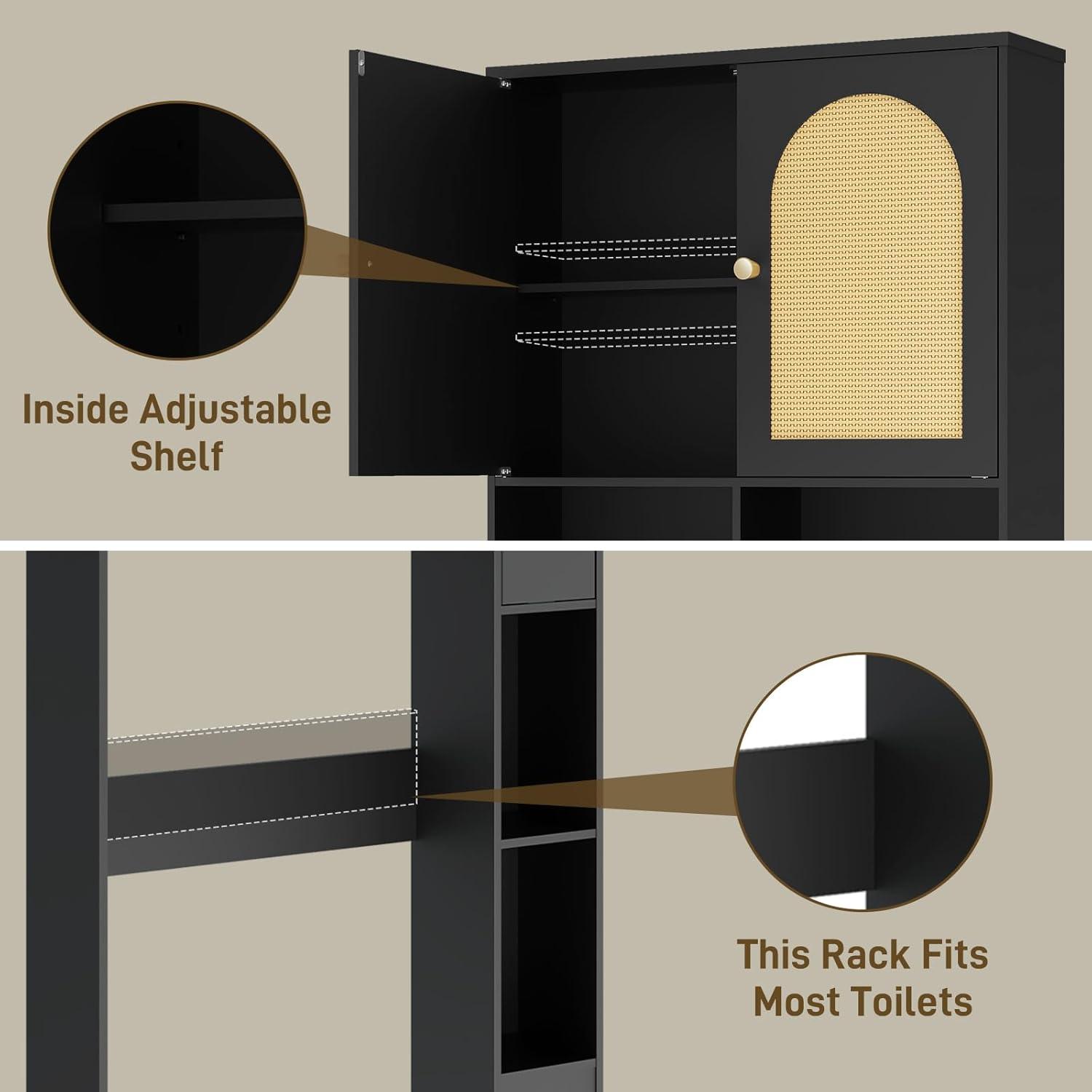 Bayou Breeze Over The Toilet Storage Cabinet, Rattan Storage Cabinet with 2 Doors & Toilet Paper Holder Stand, Freestanding Toilet Rack Space Saving and Adjustable Shelf