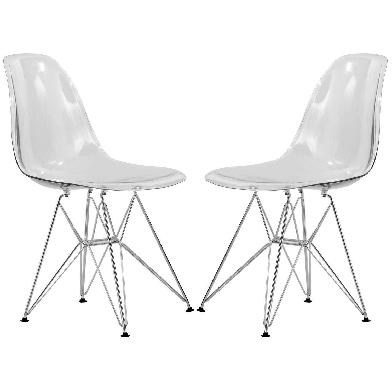 LeisureMod Cresco Modern Acrylic Dining Chairs (Set of 2) – Eiffel Chrome Base, Stylish Accent Chairs for Contemporary Dining Rooms & Kitchen Tables