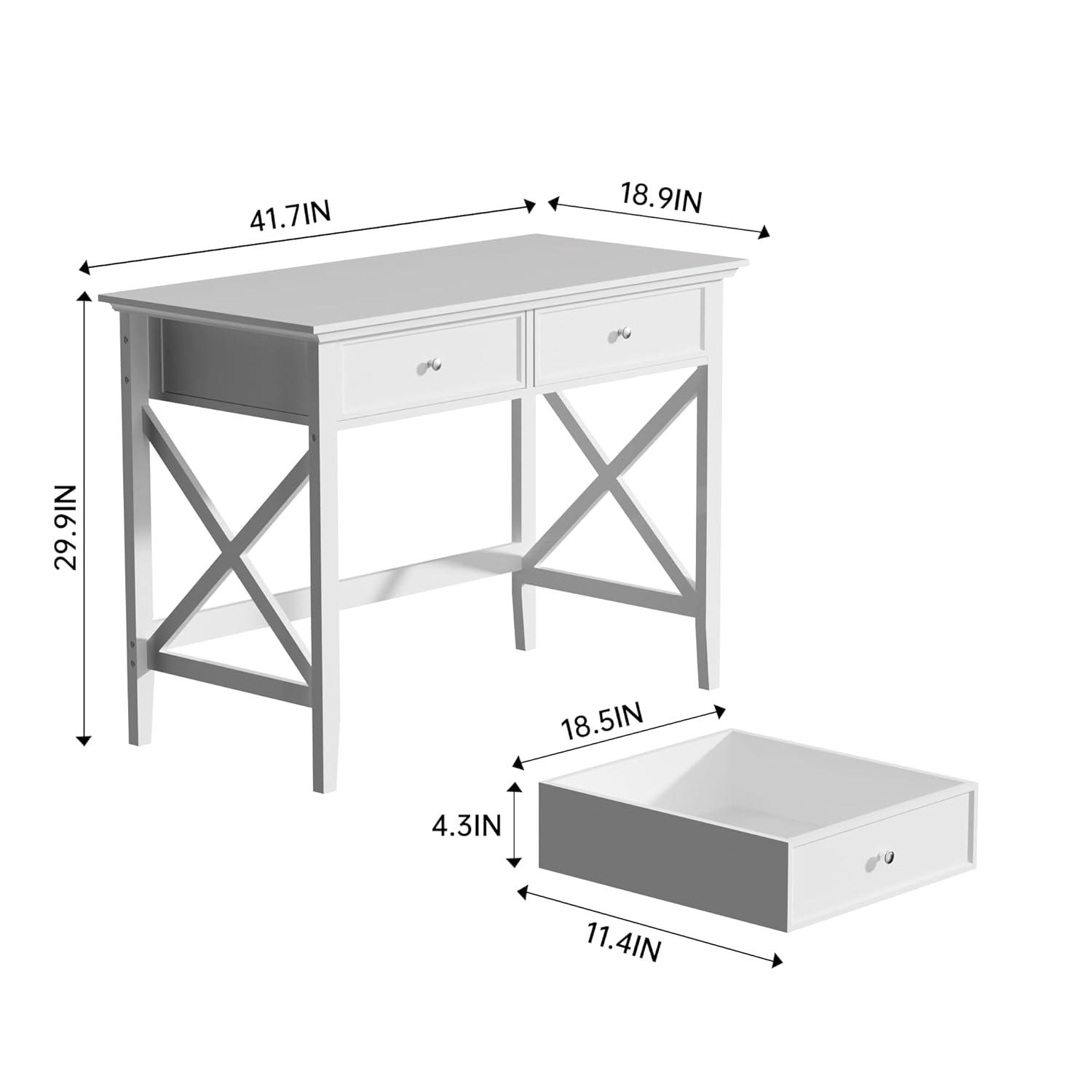 White Computer Desk with 2 Drawers, Modern Makeup Vanity Desk with Storage, Writing Desk for Home Office, 42'' Long Study Simple White Desk for Bedroom Console Table Living Room