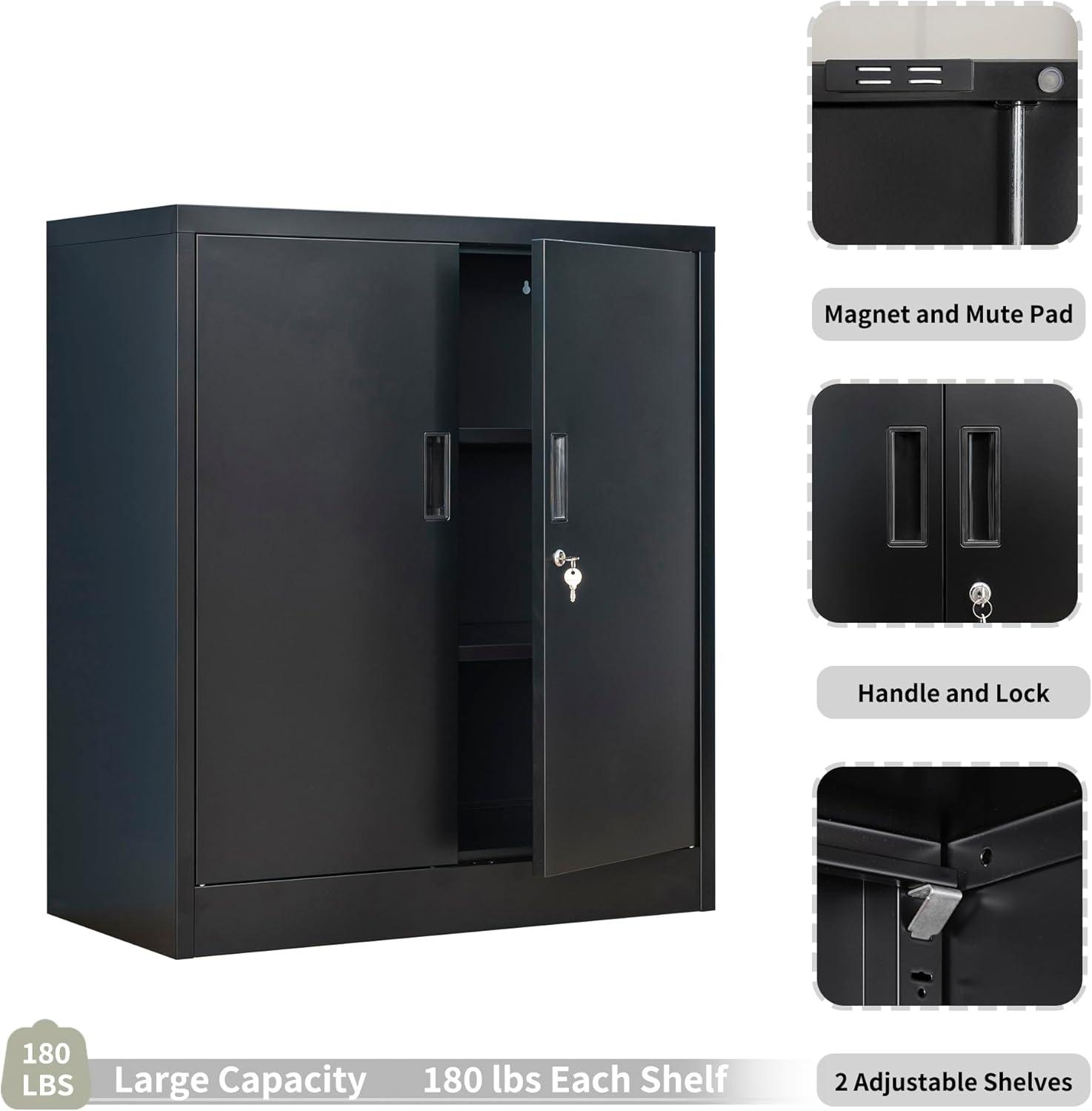 Metal Storage Cabinet, 36" H Locking Storage Cabinet with Adjustable Shelves, Steel Storage Cabinet for Garage, Home, Office, Utility Room-Black