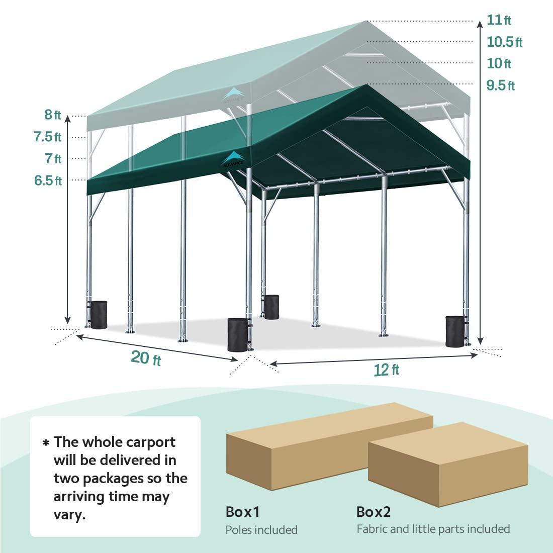ADVANCE OUTDOOR 12x20 ft Carport with Adjustable Height from 9.5 ft to 11 ft, Heavy Duty Car Canopy, 8 Legs with 8 Reinforced Poles and 4 Sandbags, Green