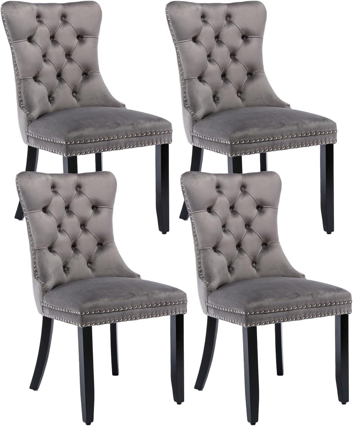 Modern Velvet Upholstered Dining Chairs with Back Button Nailhead Trim Accent Side Chairs with Wood Legs for Kitchen Dining Room(Gray,Set of 4)