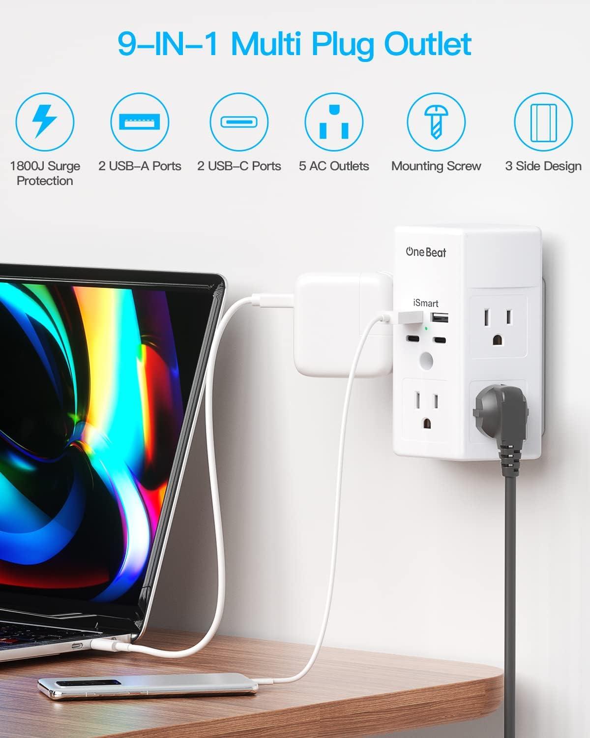 White 3-Sided Wall Tap Surge Protector with USB Ports