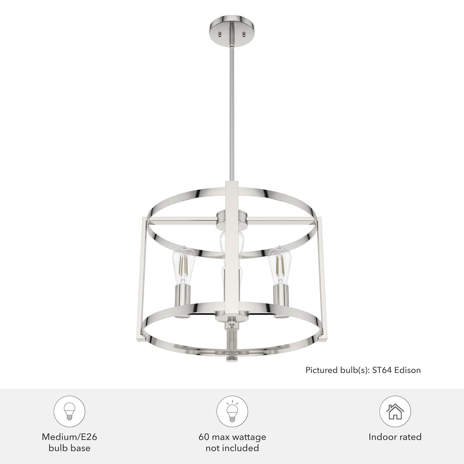 Hunter - Astwood 4-light Polished Nickel, Medium Size Chandelier, Dimmable, Caged Style, Drum Shaped, for Bedrooms, Kitchens, Dining, Living Rooms - 19957
