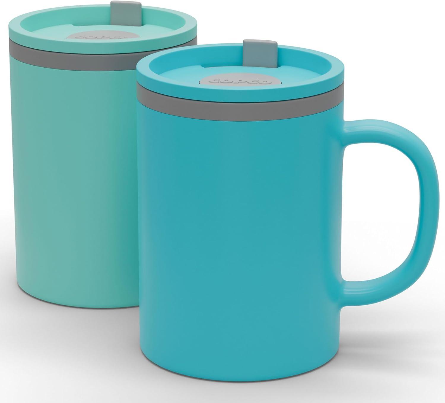 Copco Iconic 16oz Double Wall Insulated Desk Mug with Lid and Handle, Set of 2, BPA-Free Reusable Plastic, Spill-Proof, Wide Mouth (Aqua/Mint)