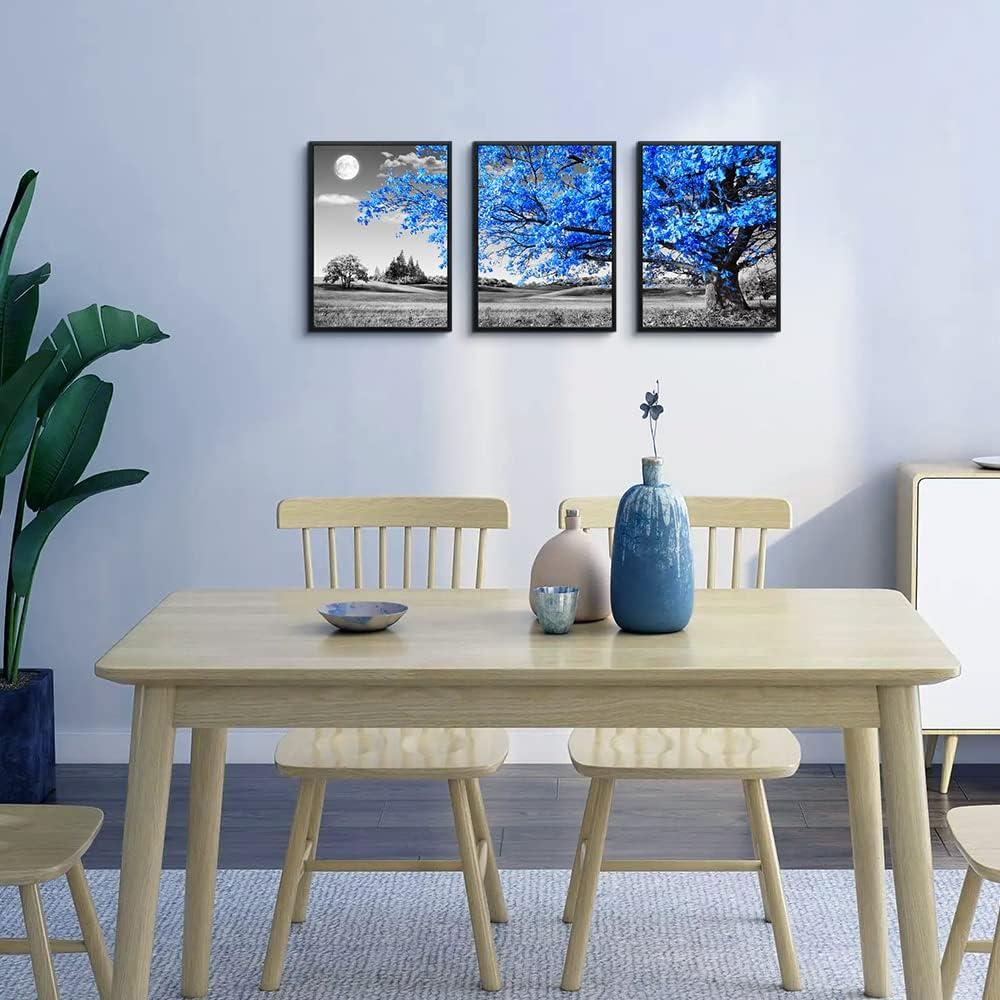 Wall Art For Living Room black and white Blue tree moon Canvas Wall Decor for Home artwork Painting 12" x 16" 3 Pieces Canvas Print For bedroom Decor Modern Salon kitchen office Hang a picture