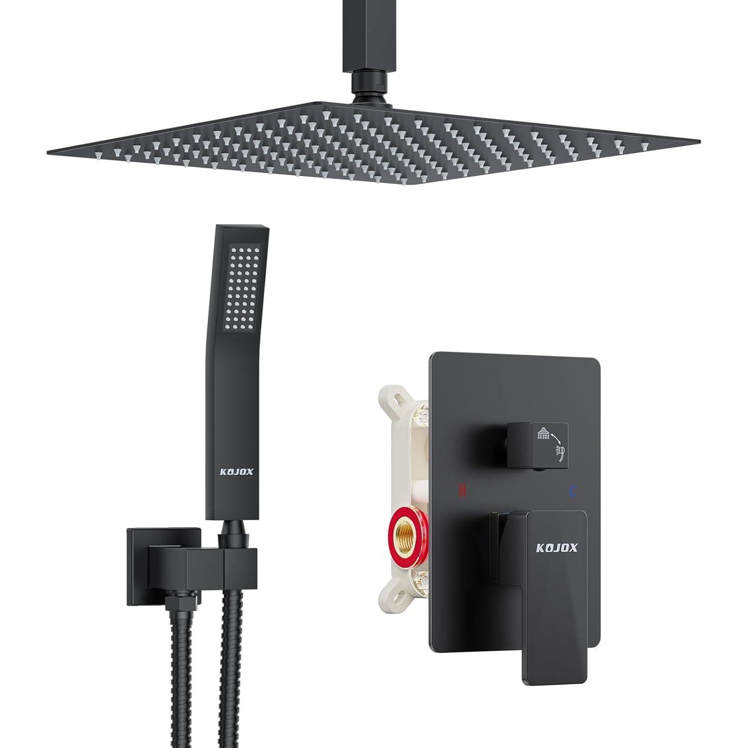 12" Black Rain Shower System With Handheld, Mixer Combo Set, Wall Mounted Faucet & Trim Kit