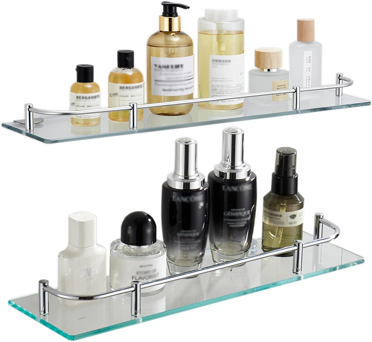 Glass Bathroom Shelves, Rectangular Tempered Glass Floating Shelves for Wall with 304 Stainless Steel Rail and Zinc Alloy Bracket, 2 Pack