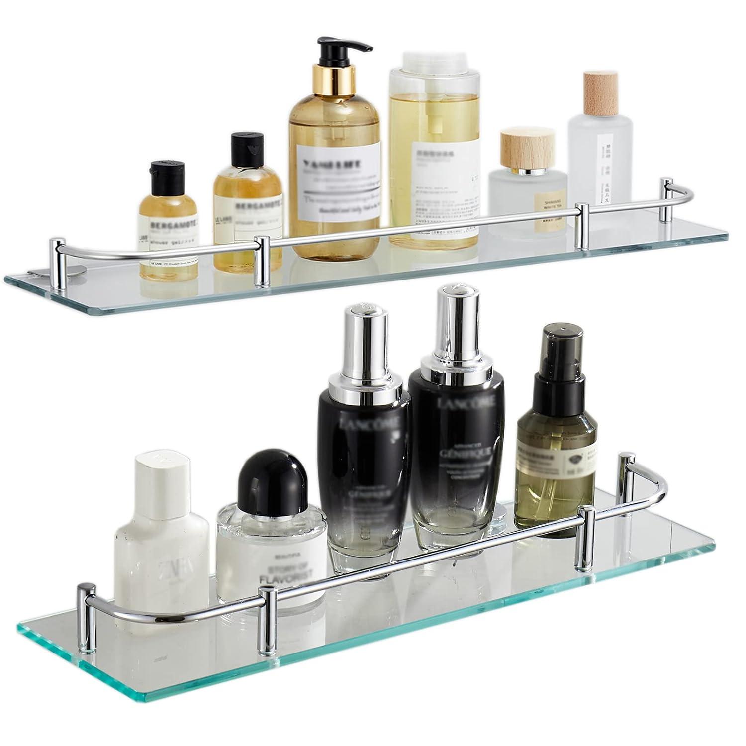 Glass Bathroom Shelves, Rectangular Tempered Glass Floating Shelves for Wall with 304 Stainless Steel Rail and Zinc Alloy Bracket, 2 Pack
