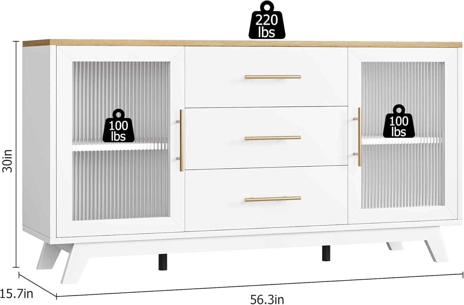 56" White Sideboard Buffet Cabinet with Natural Top and Fluted Glass Doors