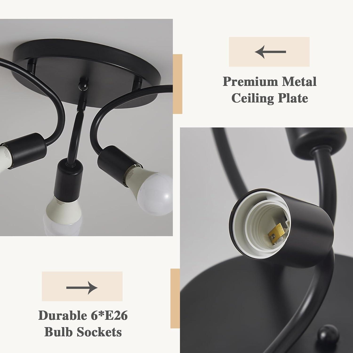 Modern Sputnik Chandeliers, 6-Light Ceiling Light Fixture for Bedroom, Kitchen, Dining Room, Living Room, Black with E26 Bulb Base