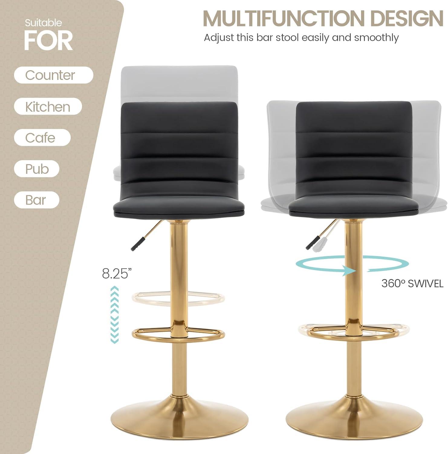 Flash Furniture Modern Black Vinyl Adjustable Bar Stool with Back, Counter Height Swivel Stool with Gold Pedestal Base, Set of 2