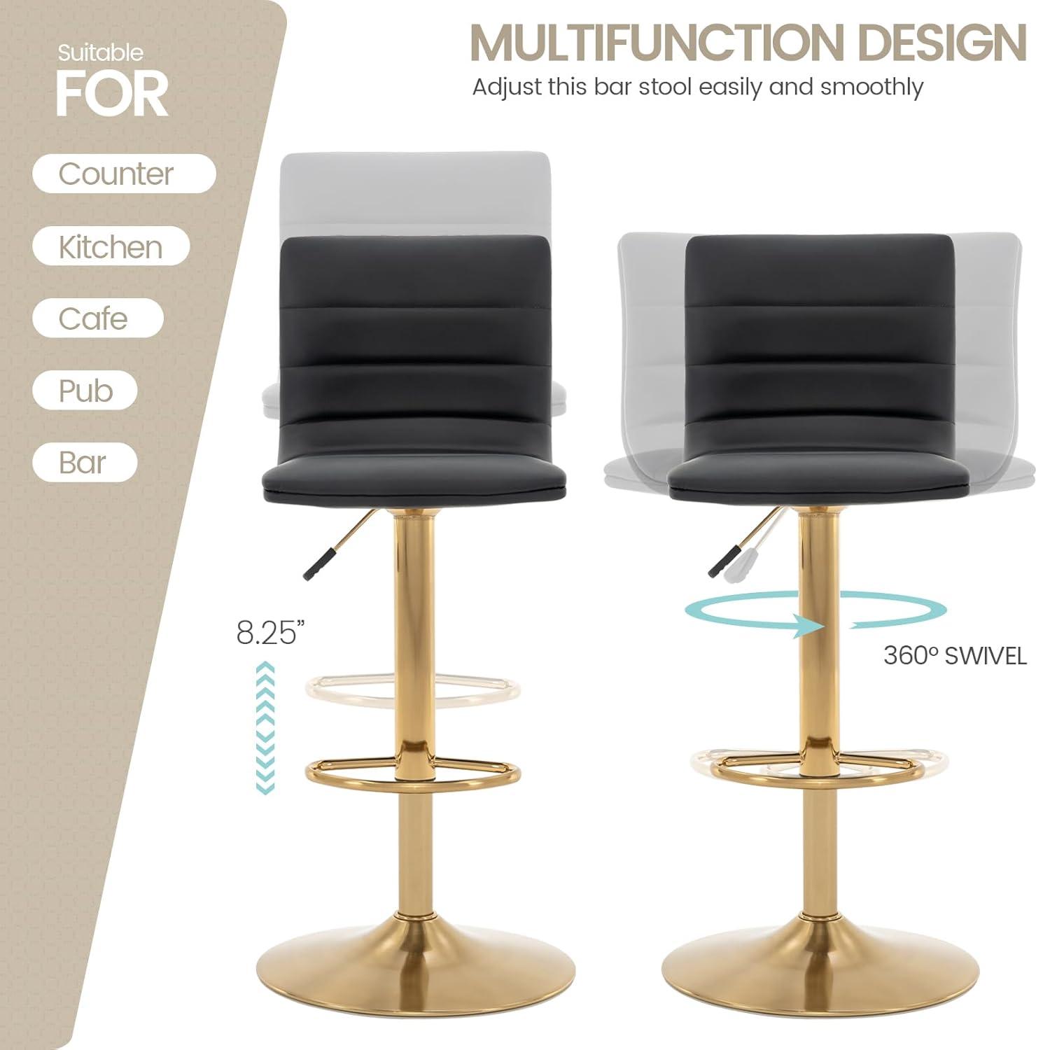 Flash Furniture Modern Black Vinyl Adjustable Bar Stool with Back, Counter Height Swivel Stool with Gold Pedestal Base, Set of 2