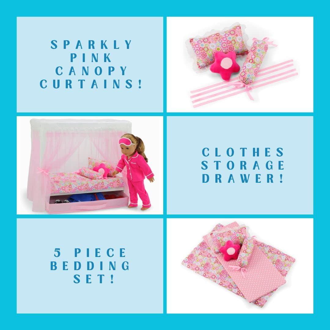 Emily Rose 18 Inch Doll Furniture | 18" Doll Canopy Single Bed with Doll Clothes Storage Drawer | Doll Bed Includes a 5 Piece Colorful Bedding Set | Fits 15" - 18" Dolls