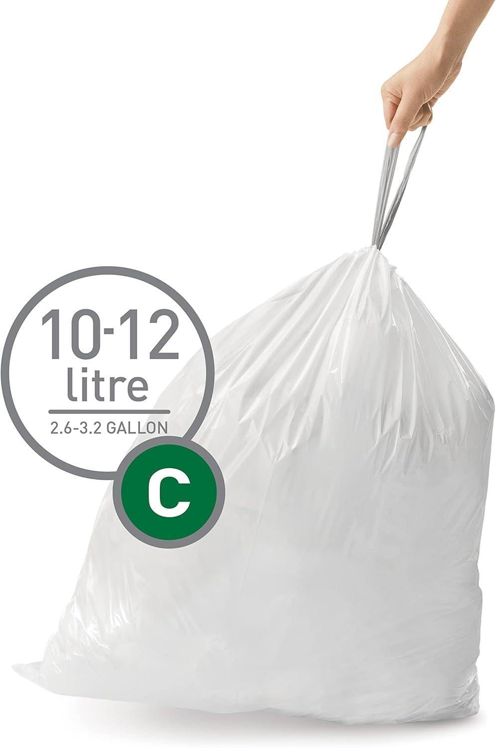 simplehuman 10-12L Code C Custom Fit Kitchen Trash Bag Liners 5 Quick-Dispense Packs - 100ct: Drawstring, White, 3.2 Gallon