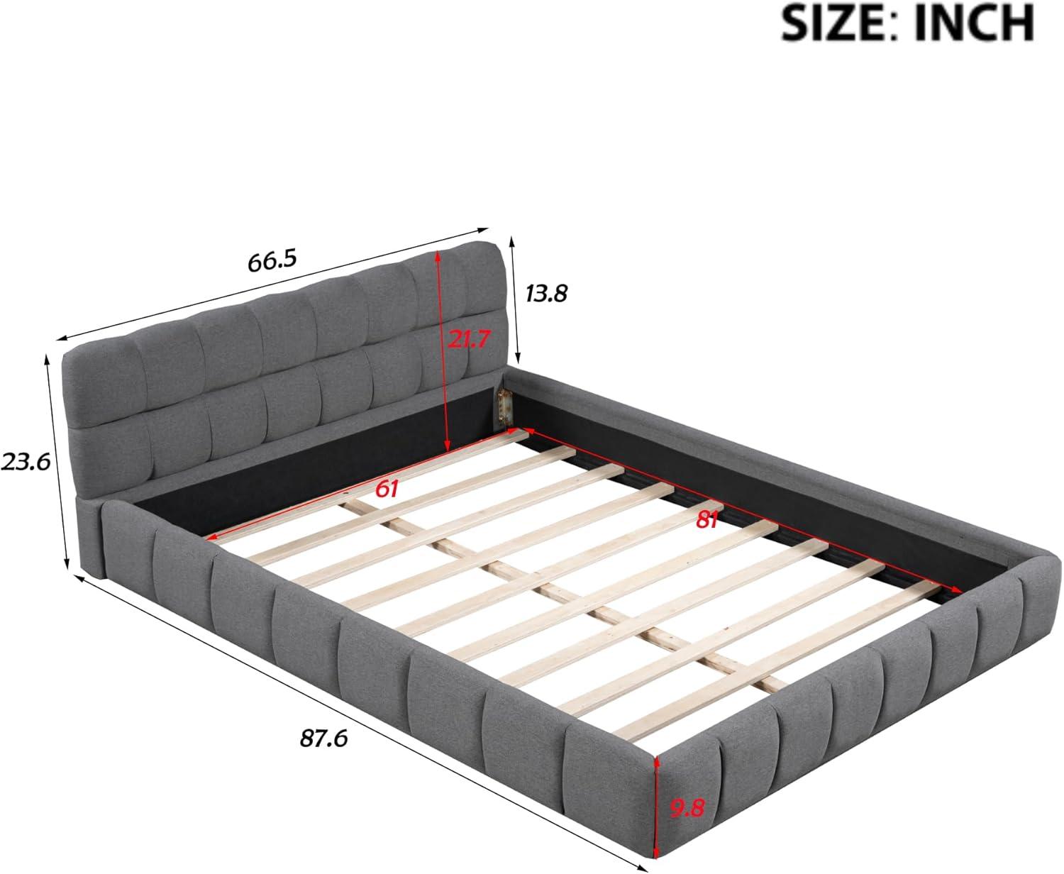 Queen Size Upholstered Platform Bed with Thick Fabric Headboard, Linen Fabric Grounded Bed Floor Bed, Wooden Platform Bed Frame with Slats Support, No Box Spring Needed, Gray