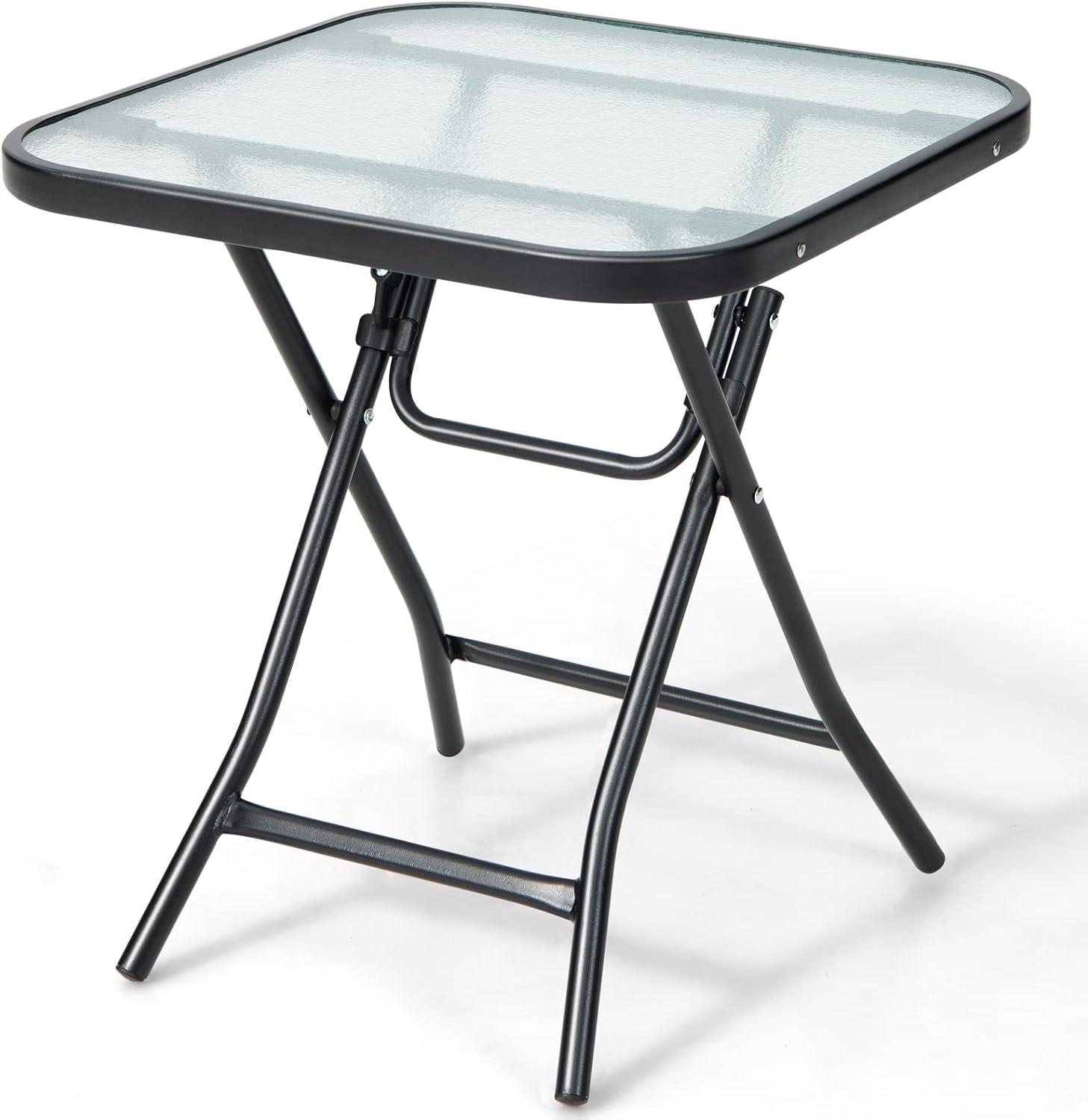 Costway Patio Folding Square Glass Side Table Bistro Coffee Table Plant Stand