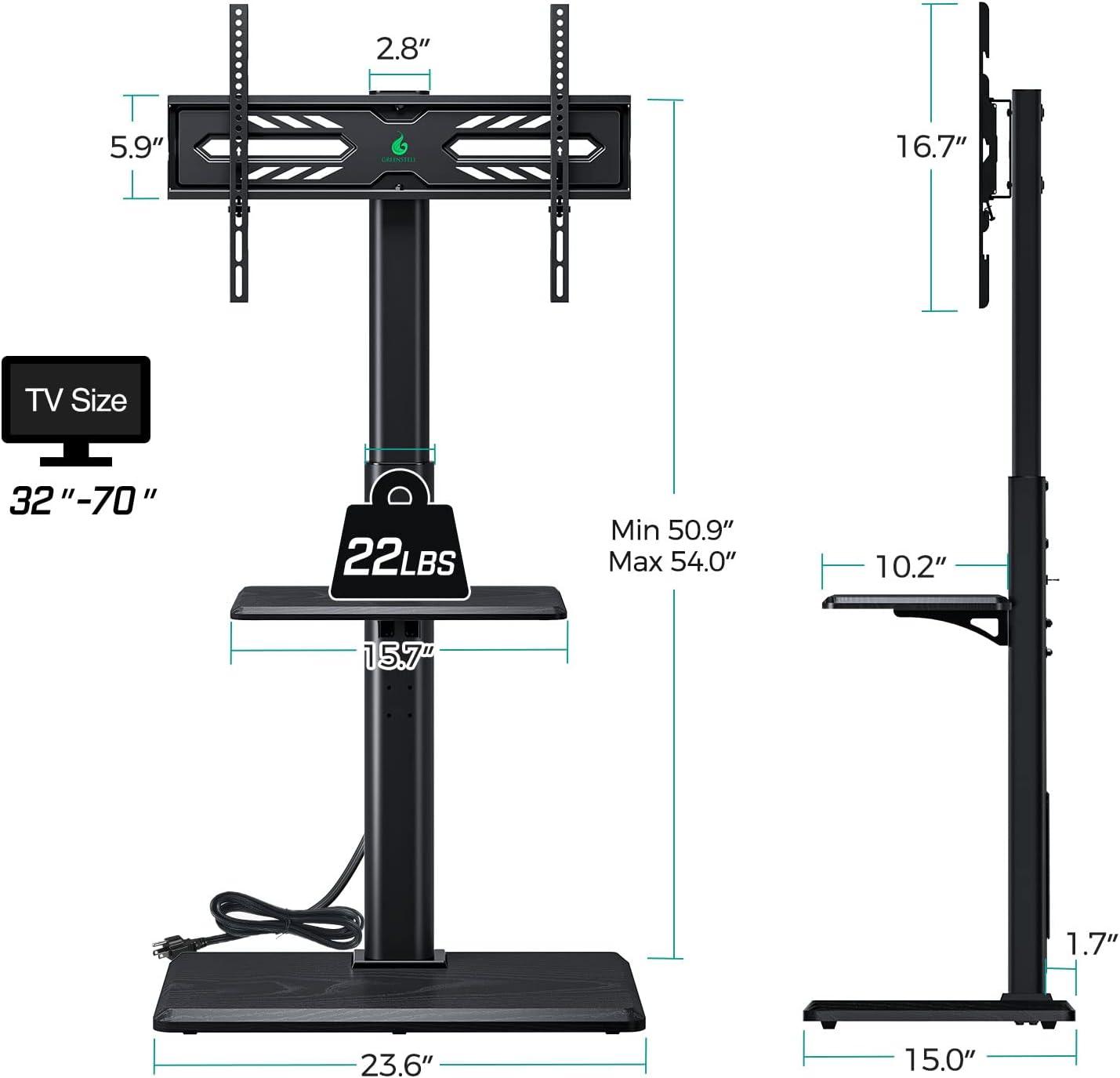 Black Swivel Floor TV Stand with Wood Base and Power Outlet