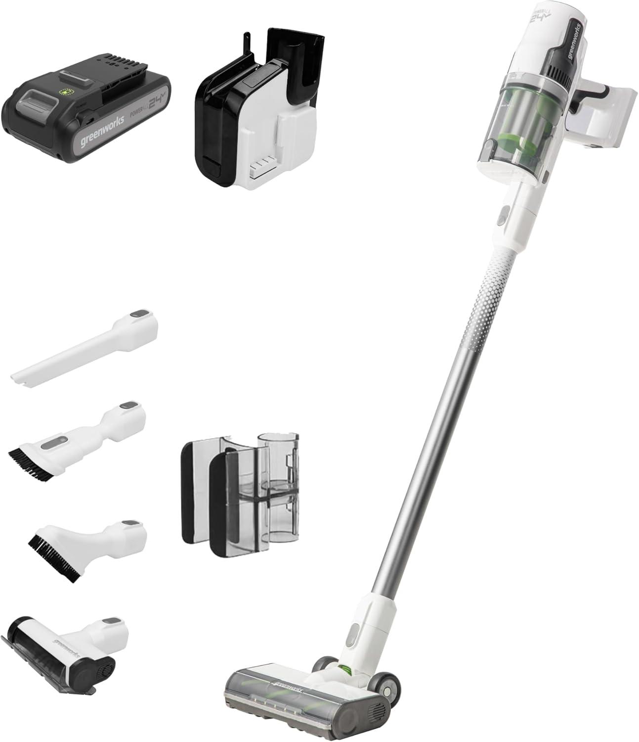 Greenworks 24V Brushless Cordless Stick Vacuum, Lightweight, Handheld, Pet, Anti-Allergen HEPA Filtration, Hard Floor, Carpet, Car, 4Ah Battery, and 30-Minute Charge Time (White)