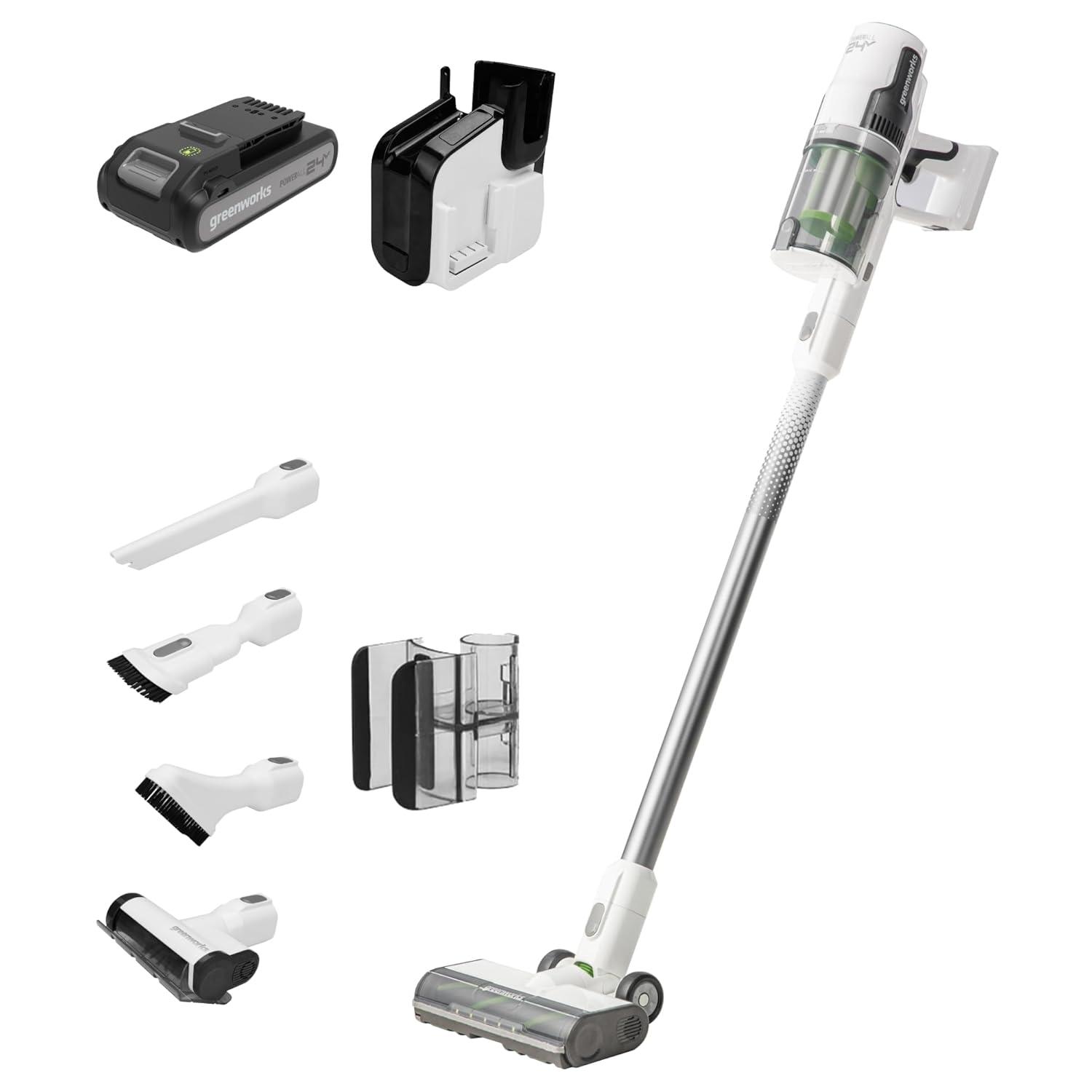 Greenworks 24V Brushless Cordless Stick Vacuum, Lightweight, Handheld, Pet, Anti-Allergen HEPA Filtration, Hard Floor, Carpet, Car, 4Ah Battery, and 30-Minute Charge Time (White)