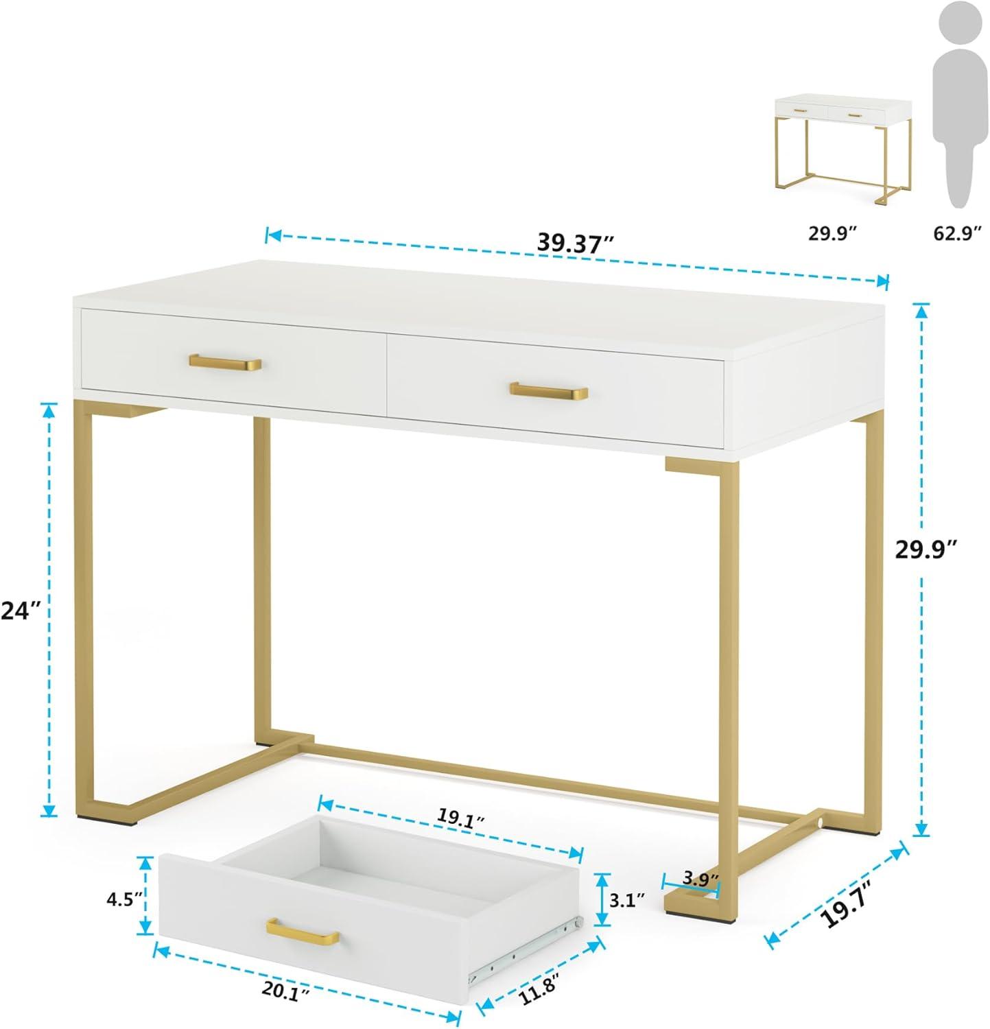 Tribesigns Modern 40" Makeup Dresser or Home Office Computer Laptop Writing Desk with Two Storage Drawers, White Top and Gold Metal Frame