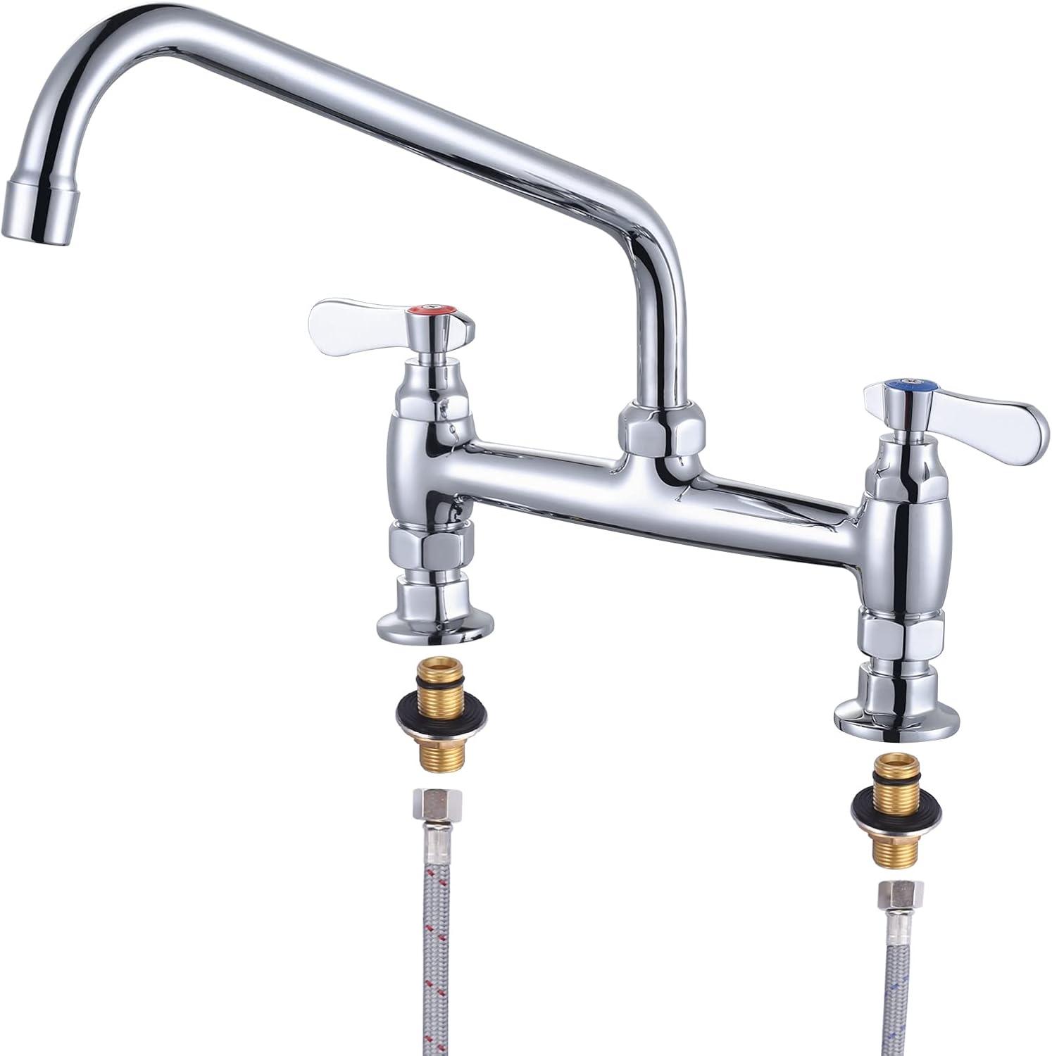 12" 2-Handle Deck Mounted Commercial Kitchen Faucet with Swivel Spout & Supply Lines In Chrome