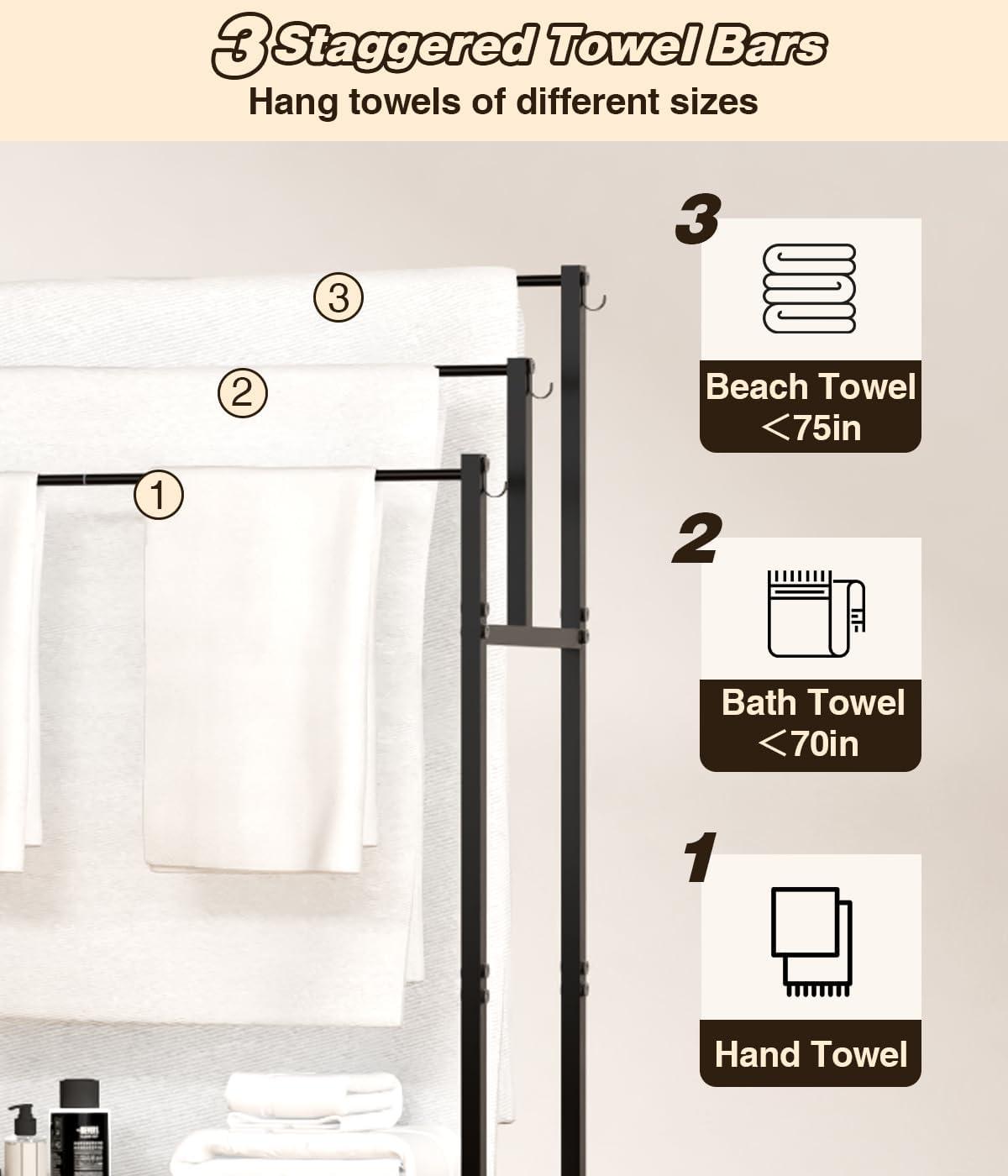 44" High Freestanding Towel Rack with 6 Bathroom Hooks