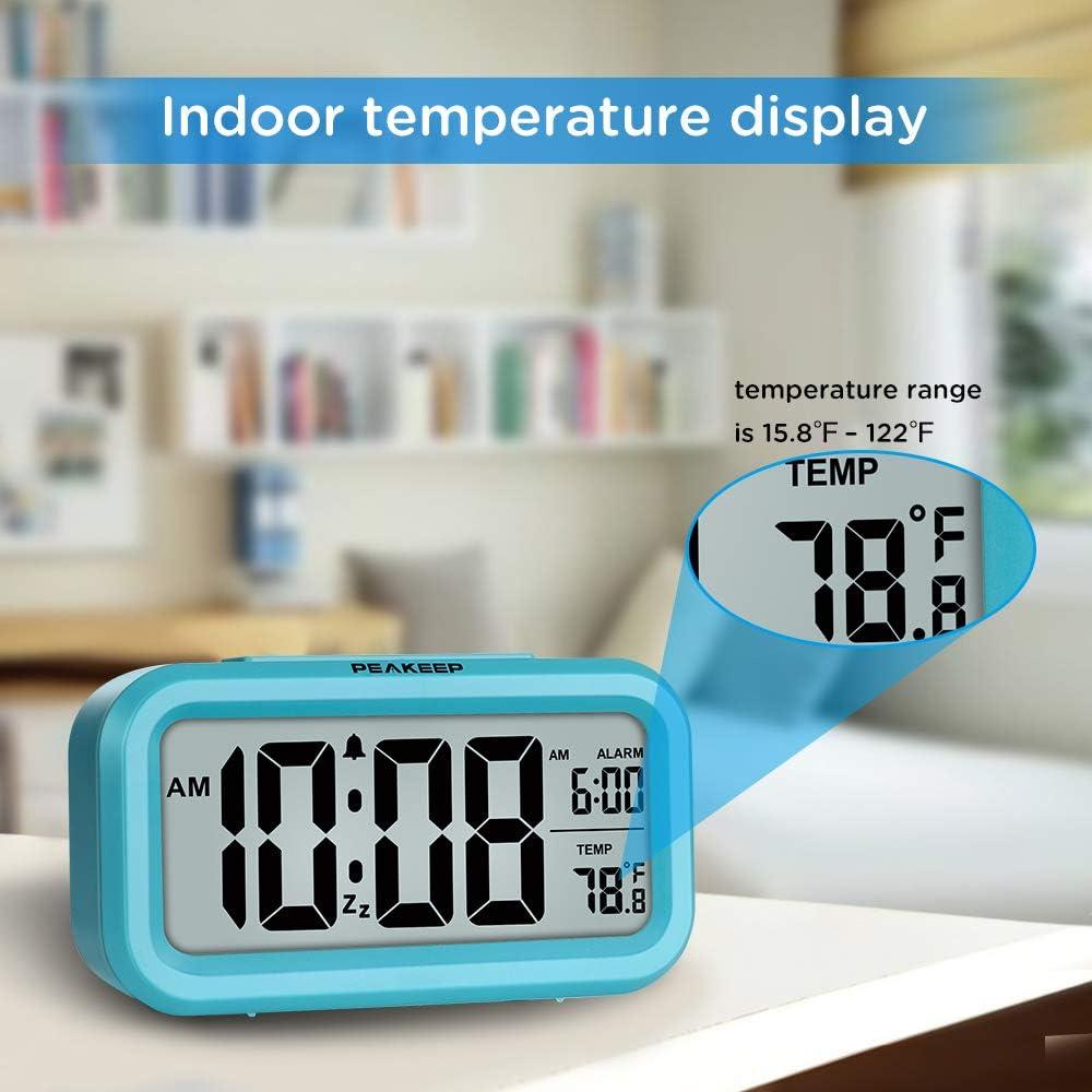 PEAKEEP Smart Night Light Digital Alarm Clock with Indoor Temperature, Battery Operated Desk Small Clock (Blue)