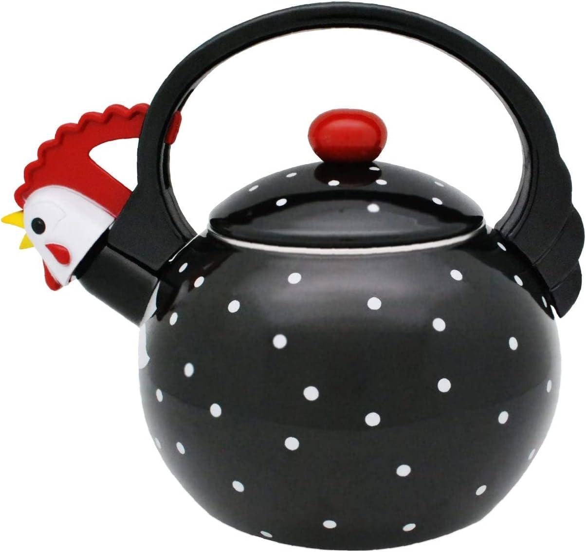 Black and White Polka Dot Rooster Enamel Whistling Tea Kettle