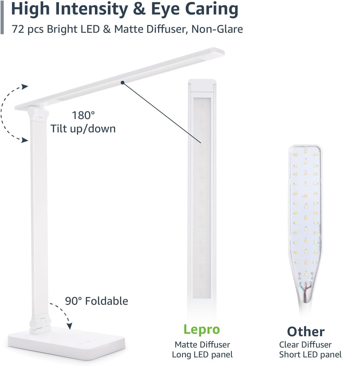 Lepro LED Desk Lamp, Metal Desk Light 9W 655lm, Dimmable Home Office Desktop Task Lamp Touch Control, 3 Color Modes, School Supplies College Dorm Room Essentials, Reading, Crafting, Sewing, White