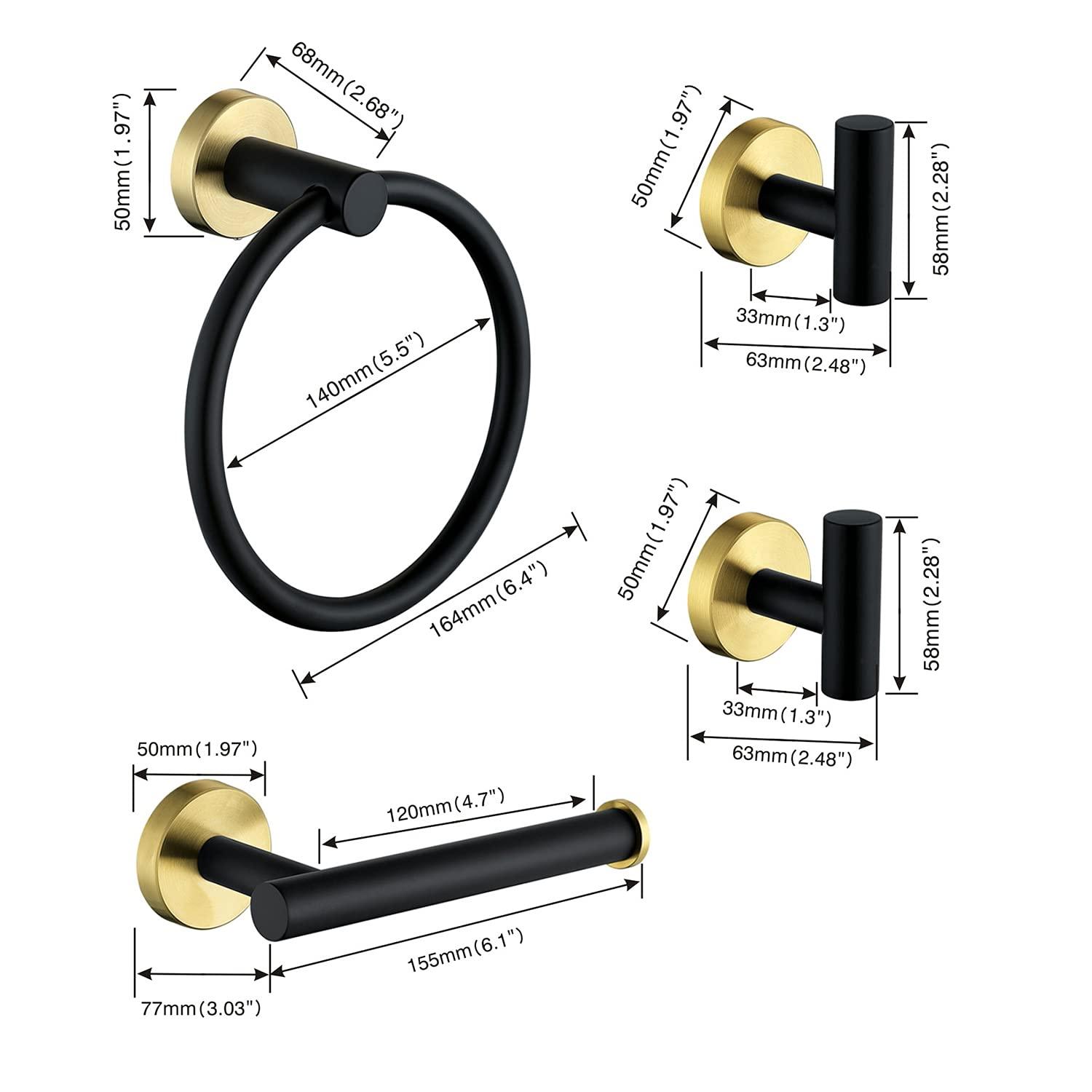 4 Piece Stainless Steel Matte Black and Brushed Gold Bathroom Hardware Set Include Hand Towel Ring Holder, Toilet Paper Holder,and 2 Robe Towel Hooks,Bathroom Accessories Kit