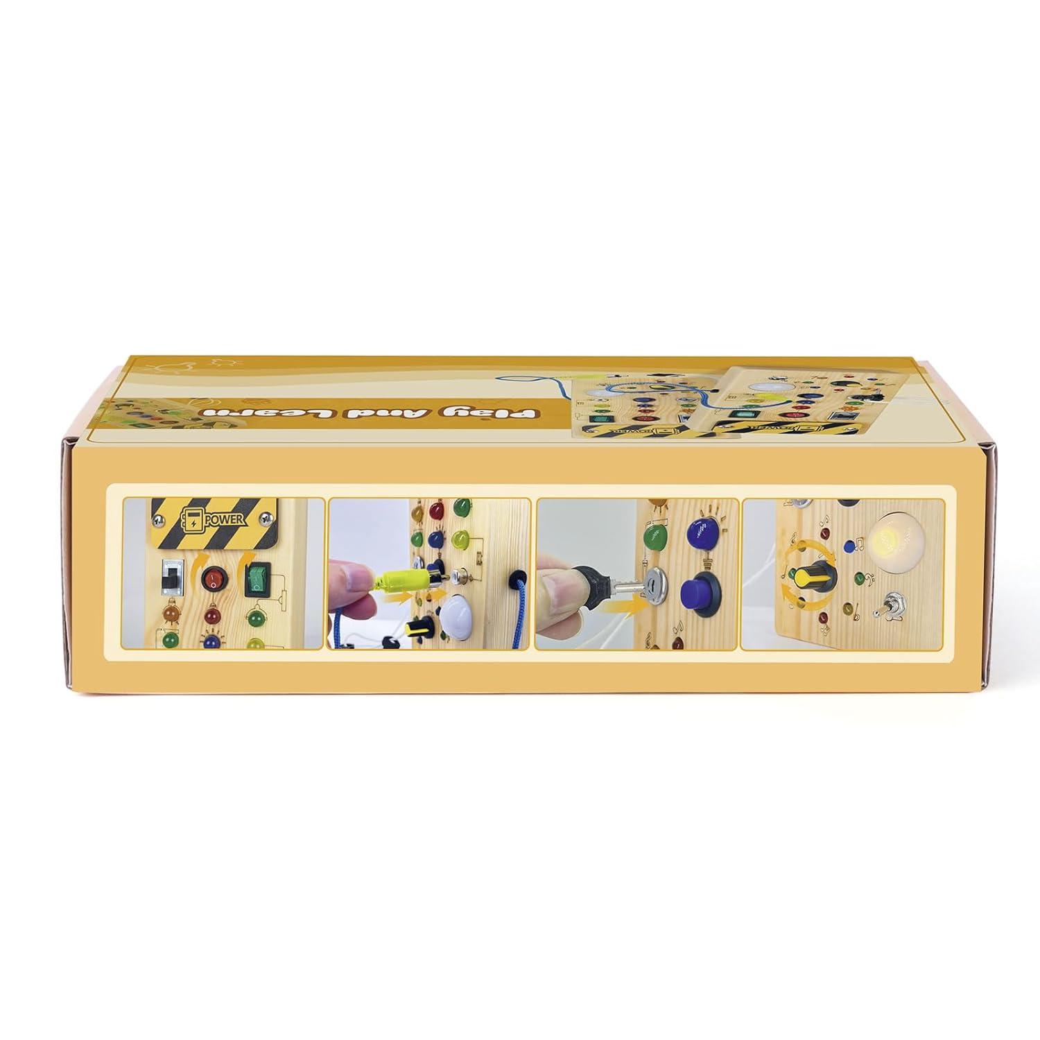 Montessori Wooden Busy Board with 8 LED Light switches, Sensory Toys Light Switch Travel Toys for 1+ Year Old Baby and Toddler