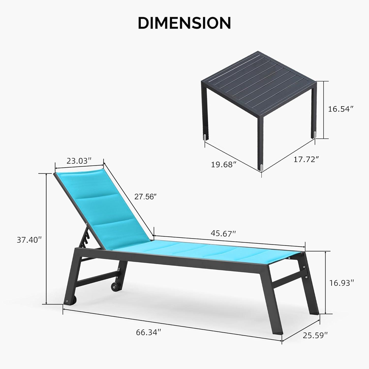 PURPLE LEAF Outdoor Chaise Lounge with Wheels for Outside 2 Pieces Aluminum Patio Lounge Chair with 5 Adjustable Position Recliner for Patio, Beach, Yard, Pool, Side Table Included, Beige