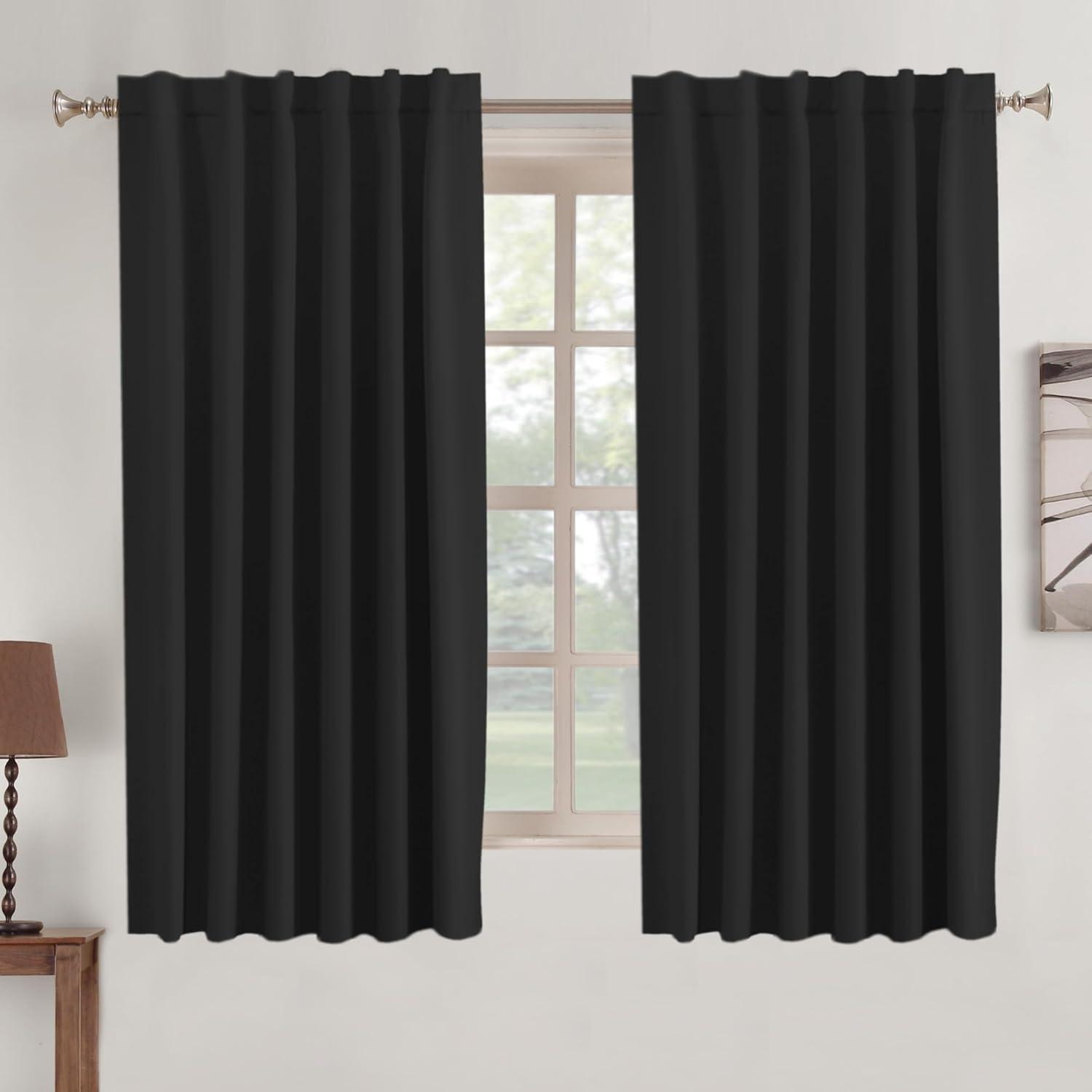 Coodeto Short Blackout Curtains Black, Set of 2, W52 x L63 - Blackout Curtains for Kitchen and Kids Bedroom