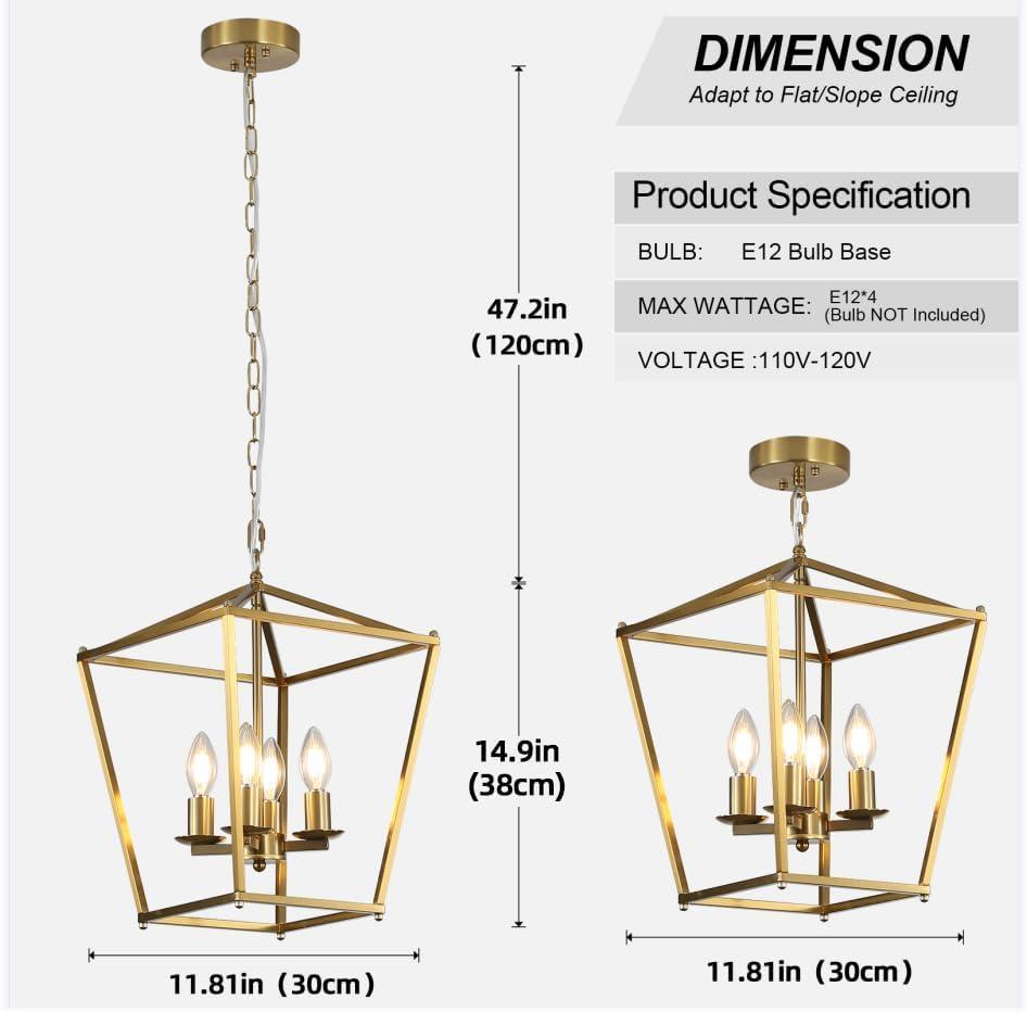 Rustic Lantern Chandeliers 4-Light Ceiling Cage Hanging Lights Gold Pendant Light Fixtures for Kitchen Island Dining Room Farmhouse Entryway Foyer