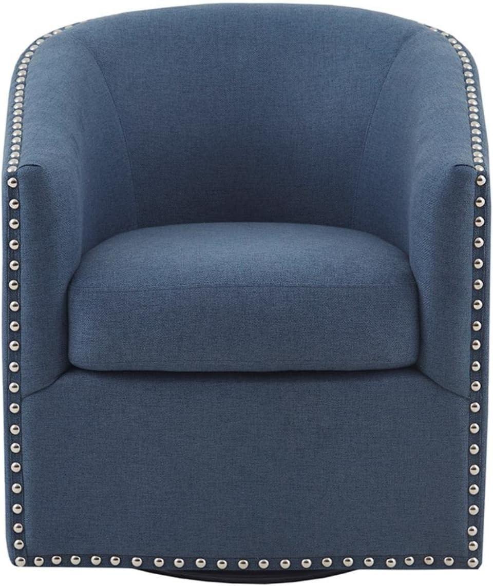Madison Park Sheldon Swivel Chair Blue: Elegant Barrel Design, Nailhead Trim, 360° Rotation, No Assembly Required